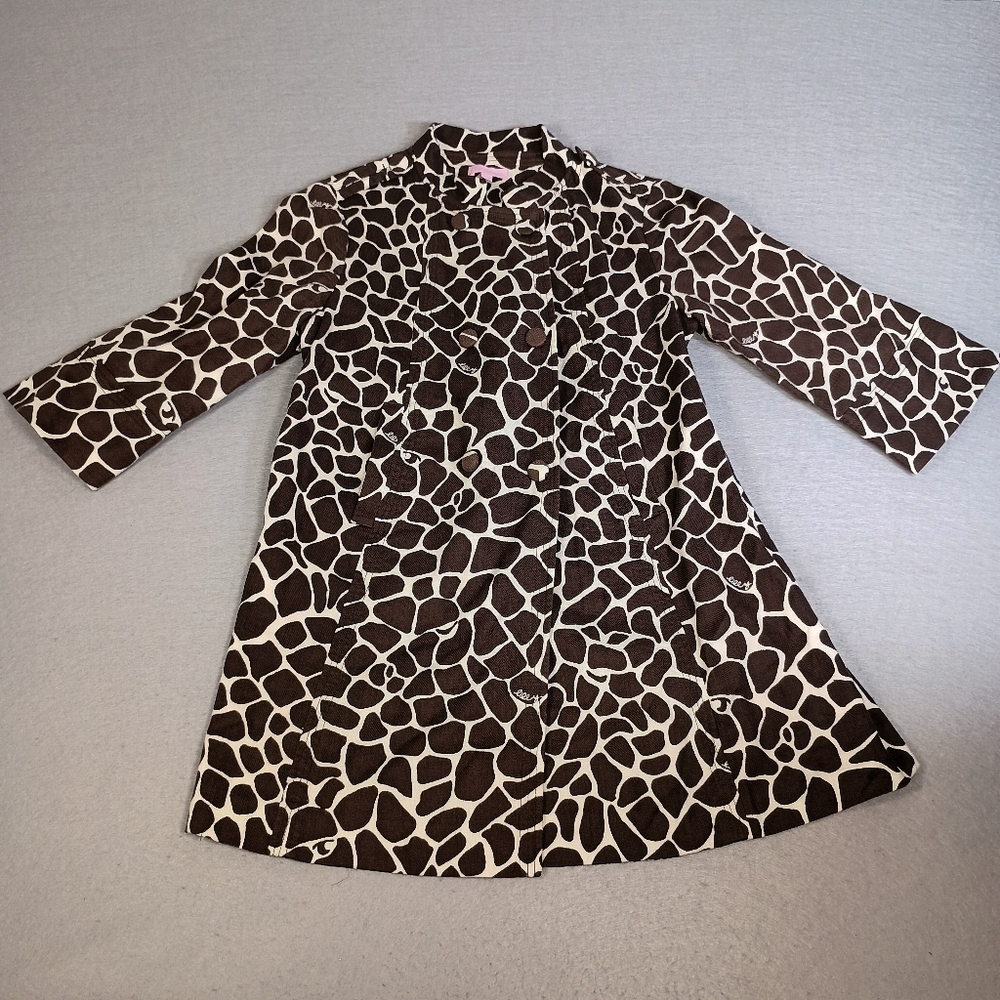 Lilly Pulitzer Brown Animal All Over Print 3/4 Sleeve Swing Coat Pockets Size 8